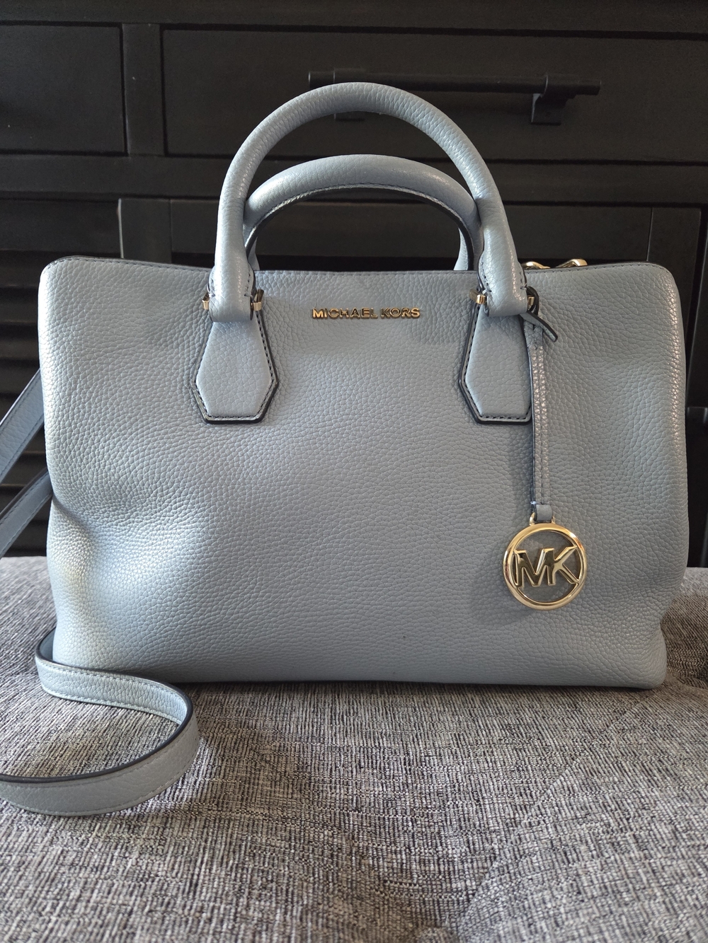 MICHAEL KORS Camille Pale Blue Pebbled Leather Satchel Crossbody Bag